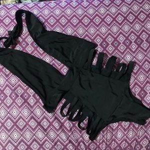 New Black Halter One Piece Cut Out Swimsuit